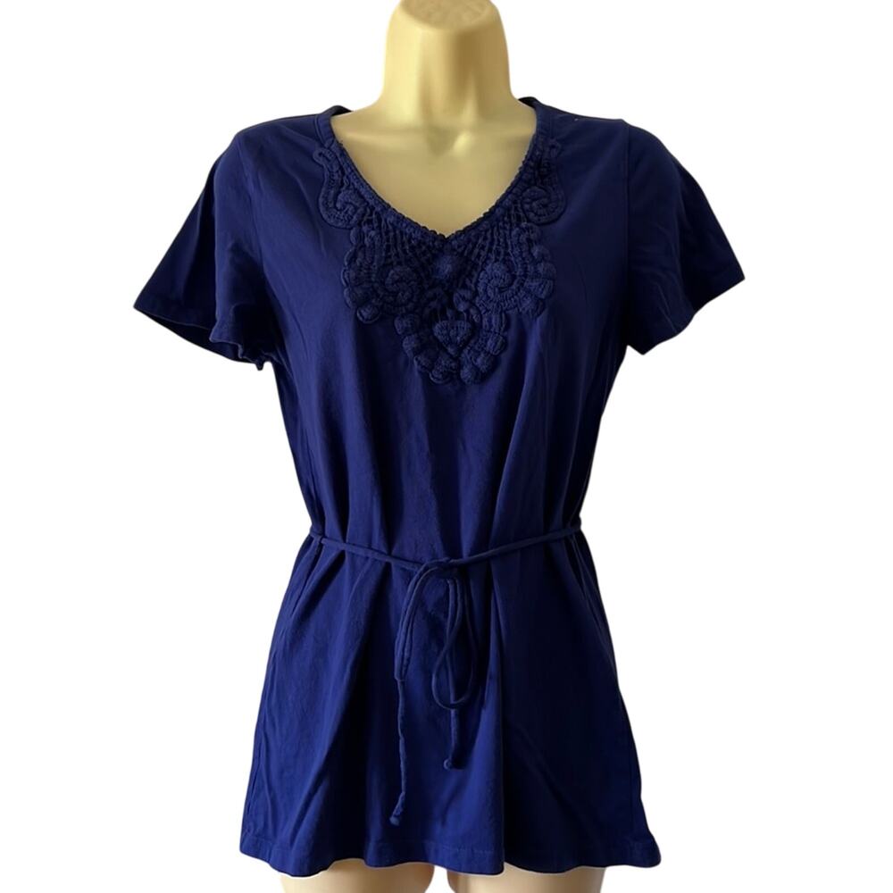 Merona Indigo Blue Knit Tunic Top with Tie Belt Woman Size Medium Pullover